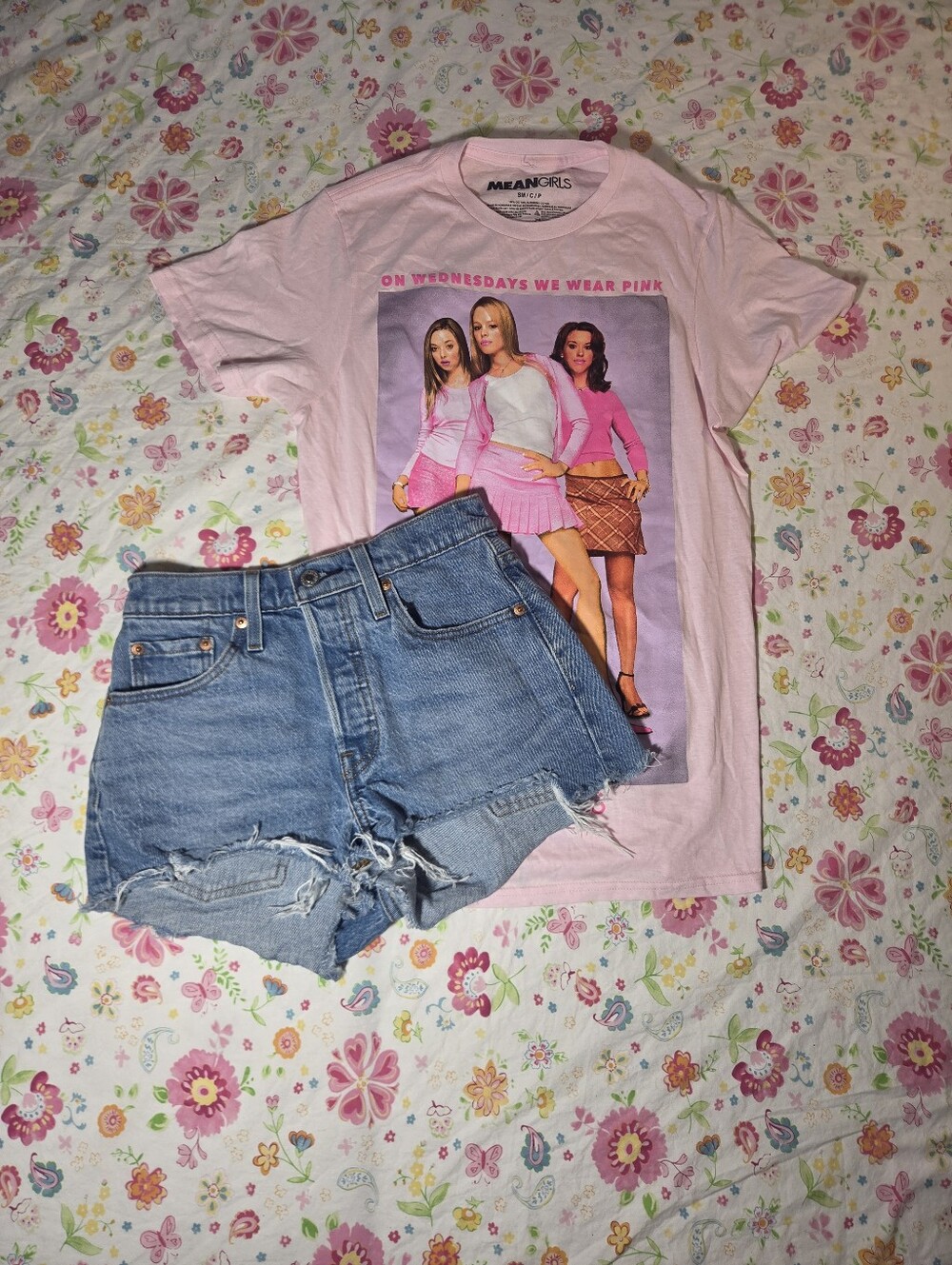 Levi's 501 High Waisted Cutoff Denim Shorts W24 & Mean Girls Graphic Tee